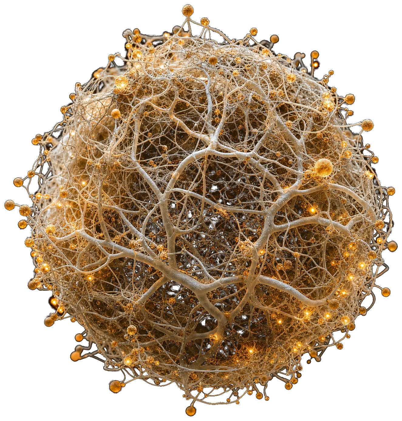 Rete di microrganismi e filamenti organici, illuminata in controluce